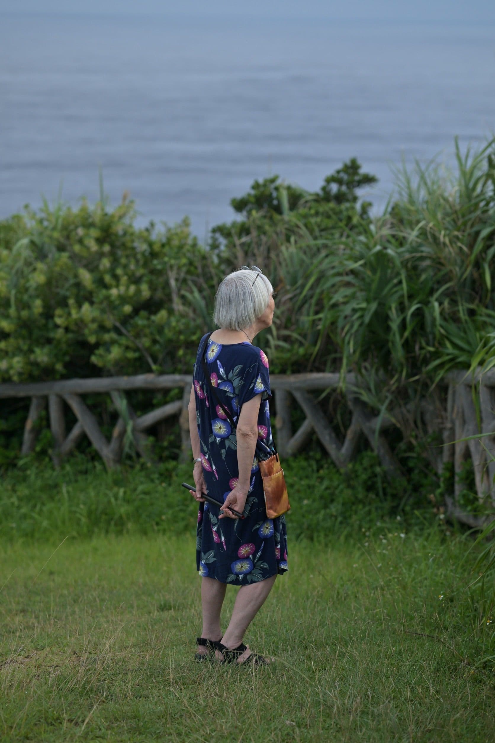 海を望む草地に立ち、遠くを見つめる女性の後ろ姿